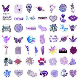 Aesthetic Vibes Purple Stickers,50pcs Vinyl Aesthetic Reading Stickers Boho & Indie Decals for Creatives Cartoon Waterproof Reusable Stickers for Kindle, Scrapbook, Water Bottles, Laptops