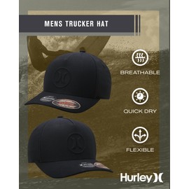 Hurley Mens Trucker Hat - Moisture Wicking and Quick Dry Ball Cap, Curved Brim Mesh Back Fitted Baseball Cap for Men, Size Large/X-Large, Black