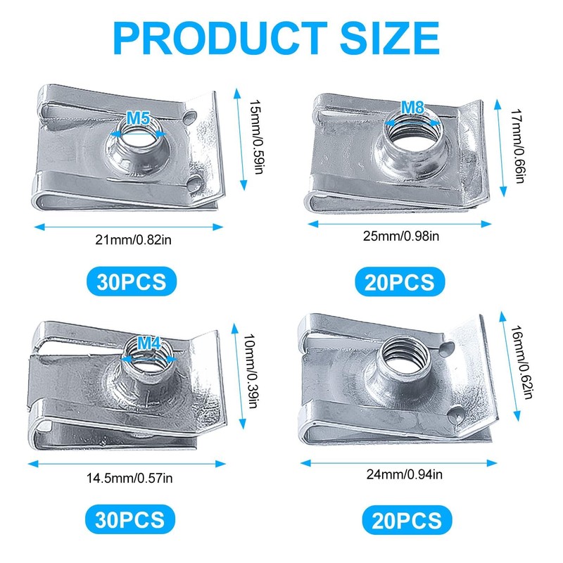 Pack of 100 Sheet Metal Nuts Car, U-Shaped Sheet Nuts,