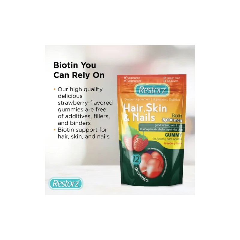Restorz Gomitas Biotina 5000mcg Sabor Fresa 12 Pack