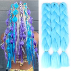 Sky Blue Jumbo Braiding Hair Extensions Jumbo Braids for Twist Box Braids Crochet Hair High Temperature Synthetic Fiber Single Color for Women 24 Inches 100g/bundle (3 Bundles/Pack,Light Blue)