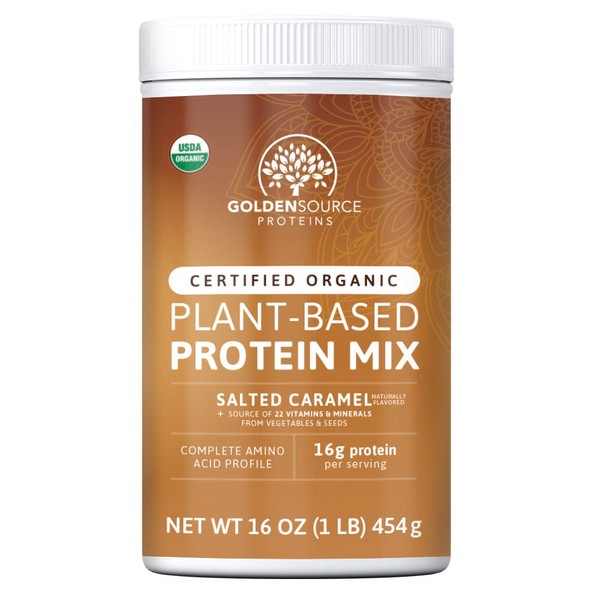 GoldenSource Proteins, Organic Plant-Based Protein, Salted Caramel, 1 Pound, 18 Servings, 22 Vitamins & Minerals, Complete Amino Acid Profile, Free from Gluten, Soy, Dairy & Peanut, no Added Sugar