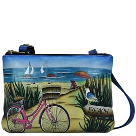 Anna by Anuschka Women's Original Genuine Leather Hand-Painted Leather Small Zip Around Crossbody - Leather Handbag for Women - Beach Day