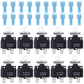 Glarks 30Pcs 5A 10A 15A 20A 30A Circuit Breakers Thermal Overload Protector Switch with Manual Reset 32VDC, AC125-250V With Quick Connect Female Spade Terminal and Waterproof Button Caps