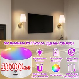 Battery Operated Wall Sconce with Remote,White Fabric Shade Wall Sconce Set Of 2 Battery Powered Sconces Wall Lighting Indoor Wireless Dimmable Wall Lamp with 3 Color Temp Bulb for Bedroom Living Room