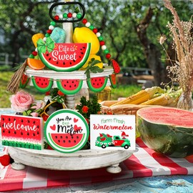 10 Pcs Summer Tiered Tray Decor Farmhouse Wood Tiered Tray Decor Lemon Watermelon Strawberry Sunflower Decor Kitchen Standing Sign Bead Garland Banner for Home Decor (Watermelon Theme)