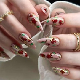 24Pcs Press on Nails Almond Medium Glue on Nails Nude Full Cover Fake Nails Red Flower Green Leaf Designs Acrylic Nails Press ons Glossy False Nails Red Artificial Srick on Nails for Women