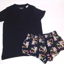 Victoria's Secret Victoria Secret Pajama Set Small Top & Bottom T Shirt Shorts Black Floral Logo