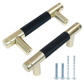 Cionyce Knurled Cabinet Pulls, 2-1/2 Inch Cabinet Handles Hole to Hole, 3.5 Inch Long Black and Gold Kitchen Drawer Pulls Metal Knurled Cabinet Hardware(2 Pack)