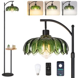Arc Floor Lamp with Table and Shelves,Black Floor Lamp for Bedroom Glass Floor Lamps with Remote Control & 3 Color Temperature,Modern Standing Lamp Tall Flower Floor Lamps for Living Room Corner
