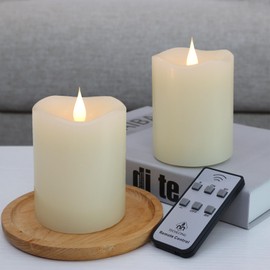 TECHLONG Flameless Candles Battery Operated with Remote Timer, 3D Moving Flame Flickering, Last 600+ Hours Battery Candles, 3" x 4" Ivory Real Wax Electric LED Candle for Wedding Party, Set of 2