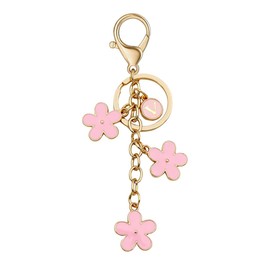 TTYY Pink Flower Keychain with Alphabet Charm, Cute Initial Letter Keyring for Women Girls, Nice Floral Key Chain for Handbag Purse Backpack