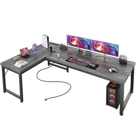 Huuger 63 Inch L Shaped Desk with Power Outlets and USB-C Port, Reversible Computer Desk, Larger Office Corner Gaming Desk, 0.95 Inch Thicker Desktop, Metal Frame, for Home Office, Study, Grey