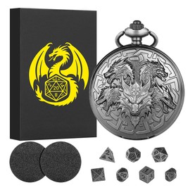 Mini DND Dice Set with Retro Five Dragon Heads Pocket Watch Shell Case, DND Starter Set, 7pcs Polyhedral Mini Metal Dice Set, D&D Gifts with Gift Box, Role Playing Board Game Accessories, Silver