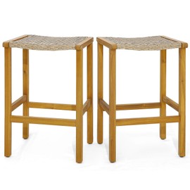 Giantex Patio Wood Bar Stools Set of 2, Acacia Wood Bar Stools w/Rattan Woven Seat, 30" Ergonomic Bar Height Stools, Outdoor Wicker Saddle Stools for Backyard, Poolside