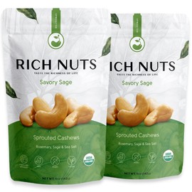 Rich Nuts Savory Sage Gourmet Sprouted Cashews | Vegan, Paleo, Keto | Made with Organic Rosemary, Sage, and Sea Salt | Non-Roasted from Dehydrated Germinated Raw, Whole Cashews | 5 Oz Bag (2 Pack)