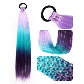Ponytail Extension 18 inch Violet Purple to Dark Blue to Dark Purple Colored Hair Extensions for Braiding Ombre Pony Tail Hair Extensions for Braids with Hair Tie Rave Crazy Hair Day 1 Pack