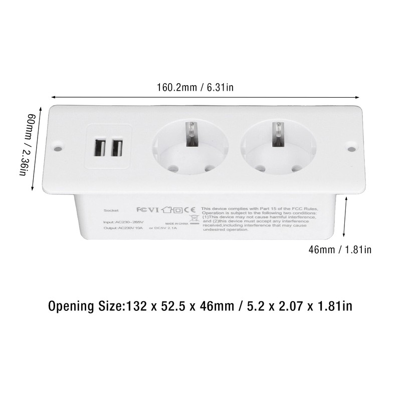 Embedded Power Outlet 2 USB 2 10A Ports Recessed Desk