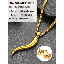 FaithHeart Gold Italian Horn Pendant Necklace for Women Men Stainless Steel Cornicello Necklace Protection Necklace Chains with Pendant Italian Charm Talisman with Gift Box