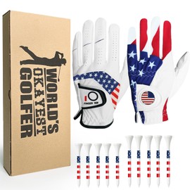 Mens Golf Gloves Right Handed Golfer 2 Pack Grip Left Hand with USA Flag Ball Marker Golf Glove Gift Set All Weather 10 Pack USA Flag Wooden Golf Tees Golf Kit(Medium)