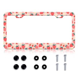 HCSS Cute Strawberry License Plate Frame Pink Fruit Plate Frame Holder Universal Aluminum Metal Auto Parts Rust-Proof Waterproof Car Decorative Tag Frame for Standard US 12x6 Inch