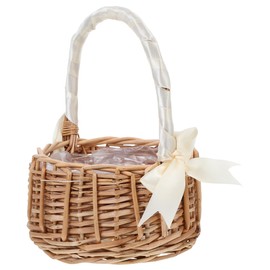 POPETPOP Canasta de Flores de Mimbre con Asa y Lazo Cesta para Niña Boda Decoración Elegante para Ceremonias Especiales Bodas y Beige