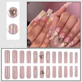 Square Press on Nails Long Pink Fake Nails with 3D Flower Bow Designs False Nails Charm Stick on Nails Glossy Glue on Nails Cute Artificial Nails for Women 24 pcs