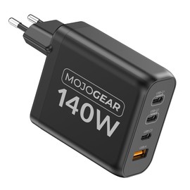 MOJOGEAR Charge+ 140W Charger with 4 Ports USB/USB-C - Charge 4 Devices Simultaneously - Also for Laptops - USB Power Delivery - Black