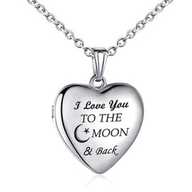 YOUFENG Jewellery Sterling Silver Love Heart Locket Necklace That Holds Pictures Engraved I Love You to The Moon and Back Photo Lockets Moon Back