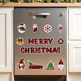 12Pcs Christmas Dishwasher Magnet Cover, Merry Christmas Dishwasher Magnetic Sticker Xmas Buffalo Plaid Dishwasher Panel Decal Gnome Snowman Refrigerator Magnets for Kitchen Home Appliance Decor