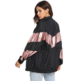 SweatyRocks Women's Lightweight Windbreaker Patchwork Zipper Sport Jacket Coat Outerwear Bronze XS