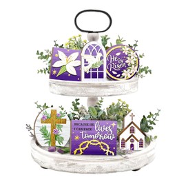 Guoofu Easter Tiered Tray Decor, Religious Tray Decorations Set, Purple Easter He is Risen Cross Church Lily Dove Wooden Sign, Rustic Easter Faith Decor for Home Table Shelf Mantel Party Holiday