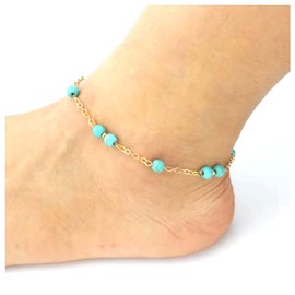 Faruodis Turquoise Anklet Bracelet Boho Beads Anklet Minimalist Beaded Beach Foot Chain Adjustable Jewelry for Women (Gold)
