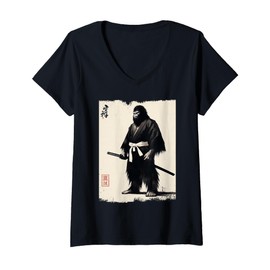 Womens Samurai Bigfoot Japanese Warrior Tradition Culture Ukiyo-e V-Neck T-Shirt