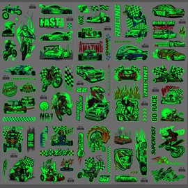 Qpout 15pcs Racing Car Glow in the Dark Temporary Tattoos for Children, Luminous Racing Monster Truck Tattoo Stickers for Boys Birthday Party Favours Accessories Decorations