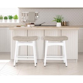 Erste!Bravo White Solid Wood Bar Stools Set of 2 for Kitchen Counter Height Barstools with Faux Leather Saddle Seat Farmhouse Upholstered Stools for 34"-38" Counter Island, Beige Cushion & White Legs