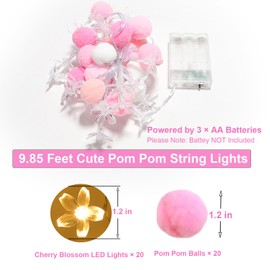 9.85Ft Flower String Lights 20 Cute Pink Pompoms 20 LEDs Cherry Blossom Fairy Lights Garland Battey Operated with Timer Flower Lights for Bedroom Kids Room Party Birthday Wedding Valentines Decoration