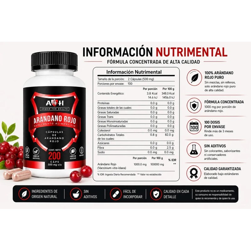 Suplemento Arándano Rojo 200 Cápsulas 500mg A4h Armor For He