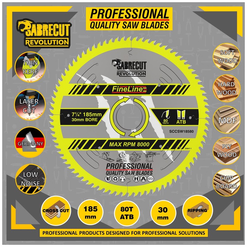 1 x SCCSW18580 SabreCut 185mm 80T x 30mm Bore Fineline