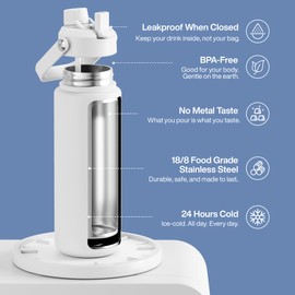 ENCOOL Insulated Water Bottle with Straw Stainless Steel Water Bottle, Leak-Proof, BPA-Free, Double Wall Vacuum Keeps Cold for 24 Hours for Sports, Travel, School (32 oz, Polar White)