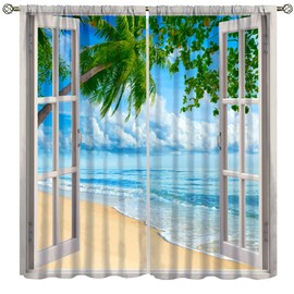 AAVEUP Ocean Beach Curtains for Kitchen,Casual Summer Beach Green Palm Elm Waves Beach Ocean View Window Treatments for Bedroom Living Room Bathroom 42x44.5in