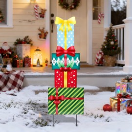 Christmas Outdoor Decor Stake,41.5" Metal Xmas Box Yard Sign,4 Pack