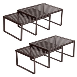 SONGMICS Cabinet Shelf Organizer, Stackable, Expandable, Set of 4 Metal Kitchen Counter Shelves, Brown UKCS06BR