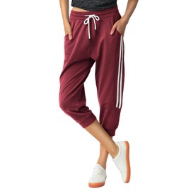 SPECIALMAGIC Women's Capri Pants Cropped Joggers with Pockets Elastic Waist Drawstring Capri Sweatpants Wine Red Medium