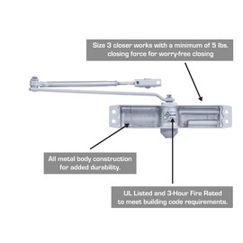 BRINKS Commercial - Medium Duty Residential Door Closer, Aluminum Finish - Size 3 with a 180-Degree Opening Range and Adjustable Closing Speed
