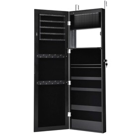 Giantex 15 LEDs Jewelry Cabinet Wall Door Mounted, Lockable Jewelry Armoire with Full Length Mirror, Cosmetics Tray, Lipstick Brush Holders, Build-in Makeup Mirror, Jewelry Cabinet for Women Girls (Black)