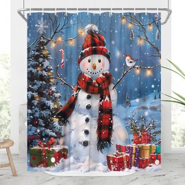 JONSEQIN Merry Christmas Shower Curtain Farmhouse Snowman Rustic Farm Winter Holiday Nature Watercolor Xmas Tree New Year Bathroom Decor Curtains 70x70 inch with Hook