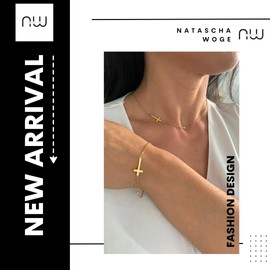 NataschaWoge® 18K Gold Plated Choker Bracelet Cross Chain Stainless Steel Necklace Gift for Her Women's Jewellery Spiritual Jewellery Gold Chain, Stainless Steel, Rhinestone