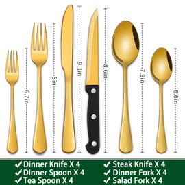 24-Piece Gold Silverware Set with Steak Knives,Golden Flatware Sets Service For 4 Person For Home,Party,Restaurant,Durable Cutlery Sets