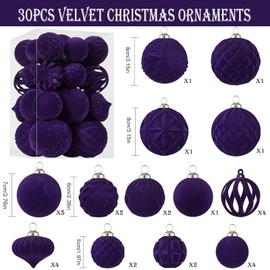 30pcs Velvet Christmas Ball Ornaments, Flocked Shatterproof Christmas Ornaments Hanging Xmas Tree Decorations Set for Home Party Holiday Decor (Multi-Size, Purple)